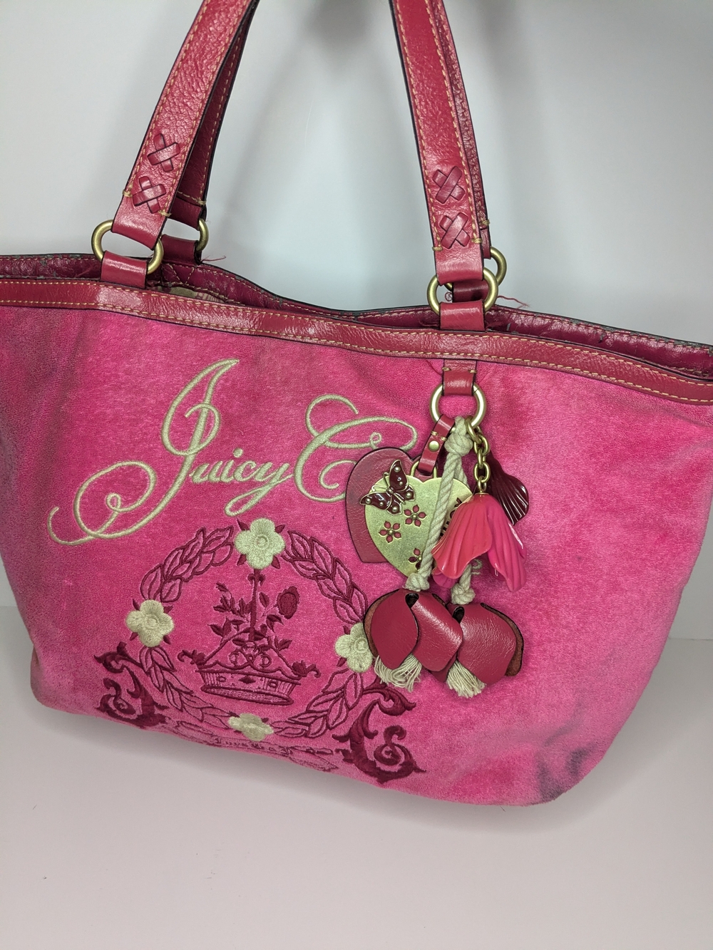 Juicy Couture Pink Embroidered Tote with Charm Accents